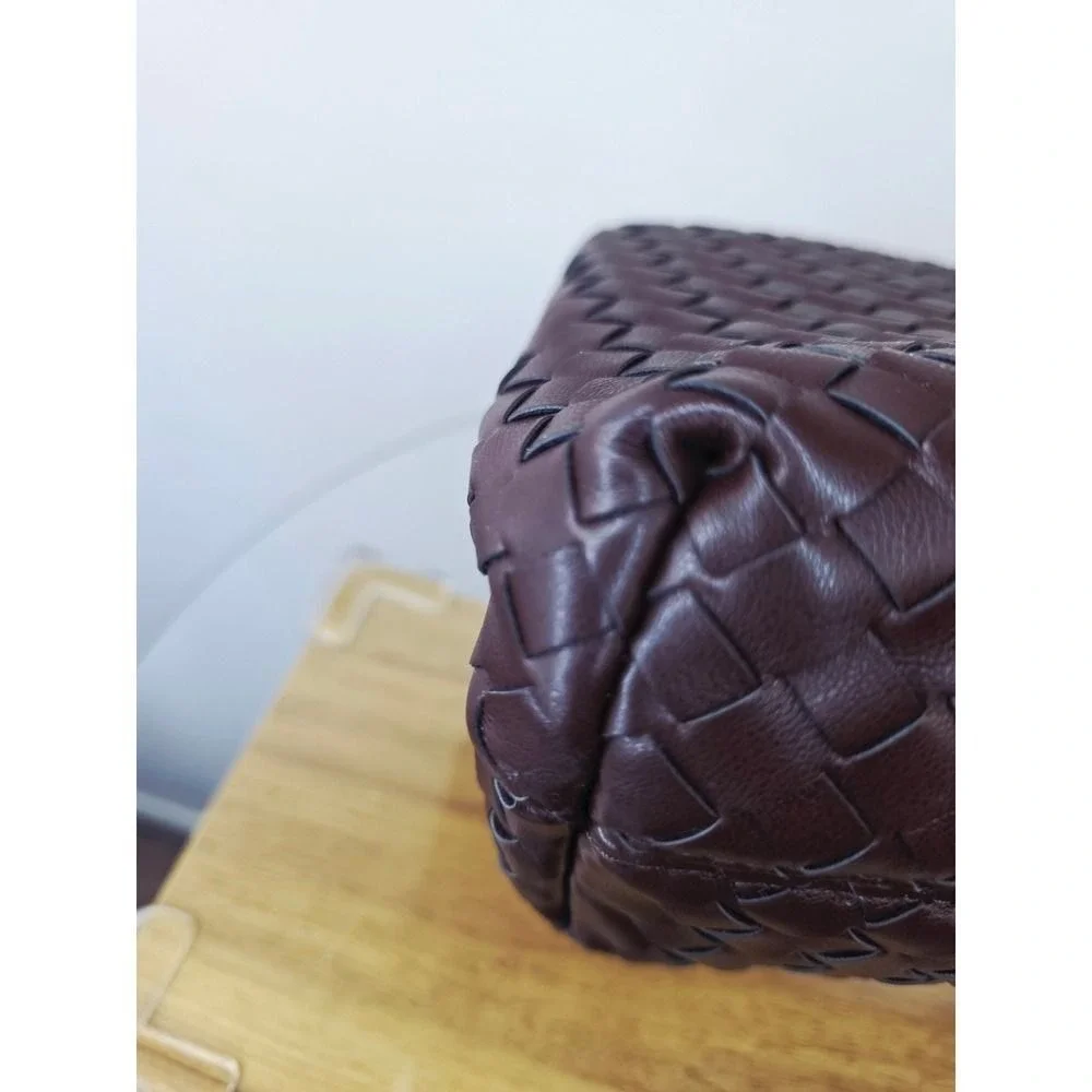 Woven Vegan Leather Satchel Handbag Burgundy Gold X Hardware Top Handle Bag